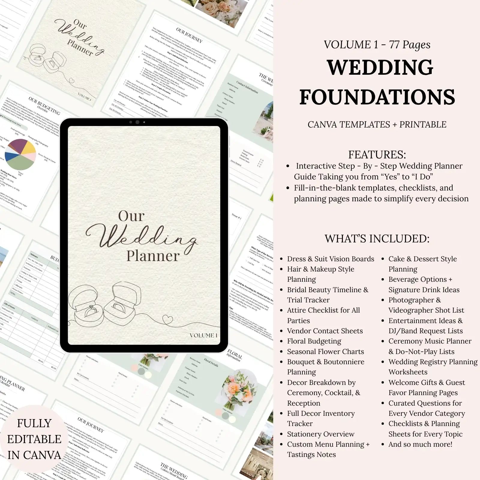 Volume 1 of the Wedding Planning System — Wedding Foundations with 77 pages of Canva templates, printables, and step-by-step planning guides.