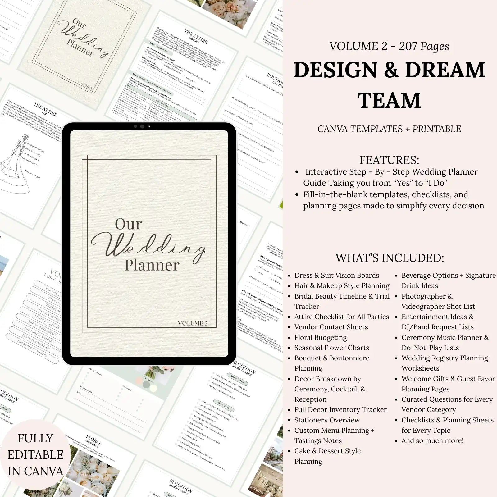 Volume 2 of the Wedding Planning System — Design & Dream Team with 207 pages of vendor management, design inspiration, and planning templates.