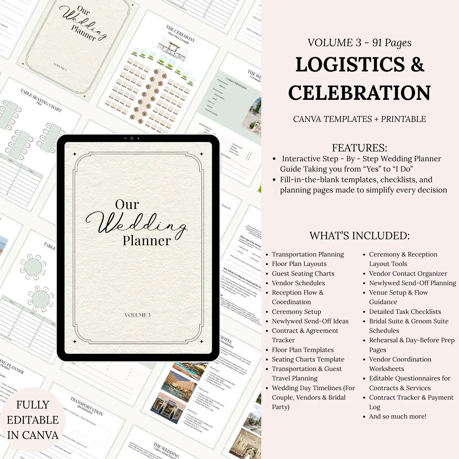 Volume 3 of the Wedding Planning System — Logistics & Celebration with 94 pages covering timelines, checklists, and event coordination templates.