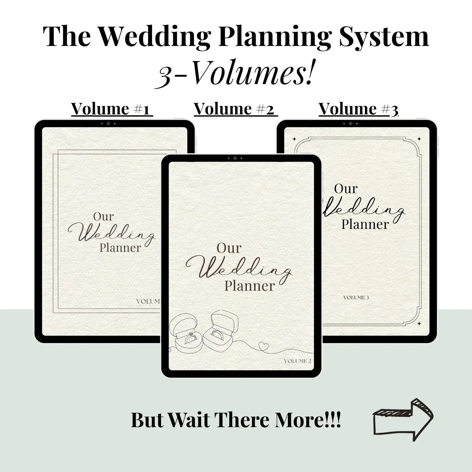 The Wedding Planning System with three volumes covering every stage of wedding planning, shown as elegant digital planner mockups.